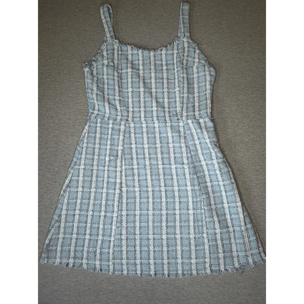 Umgee Blue Plaid Tweed Mini Dress Square Neck Frayed Raw Edge‎ Sleeveless Large